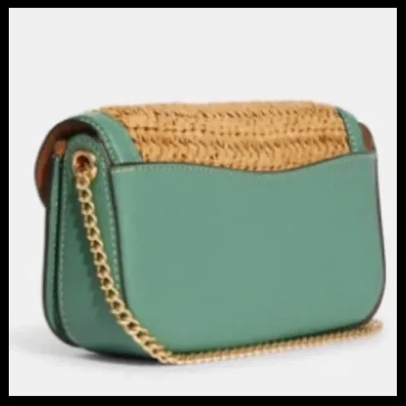 NWT NEW PRISTINE! *Coach* Seagrass Green Leather Crossbody Straw Summer Chain